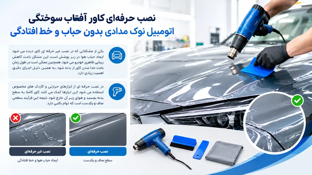 نصب حرفه‌ای کاور آفتاب سوختگی اتومبیل نوک مدادی بدون حباب و خط افتادگی