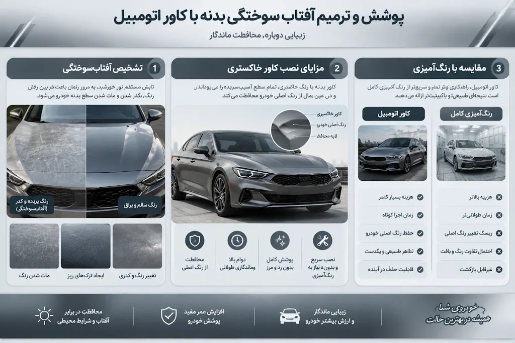 پوشش و ترمیم آفتاب سوختگی بدنه با کاور آفتاب سوختگی اتومبیل خاکستری